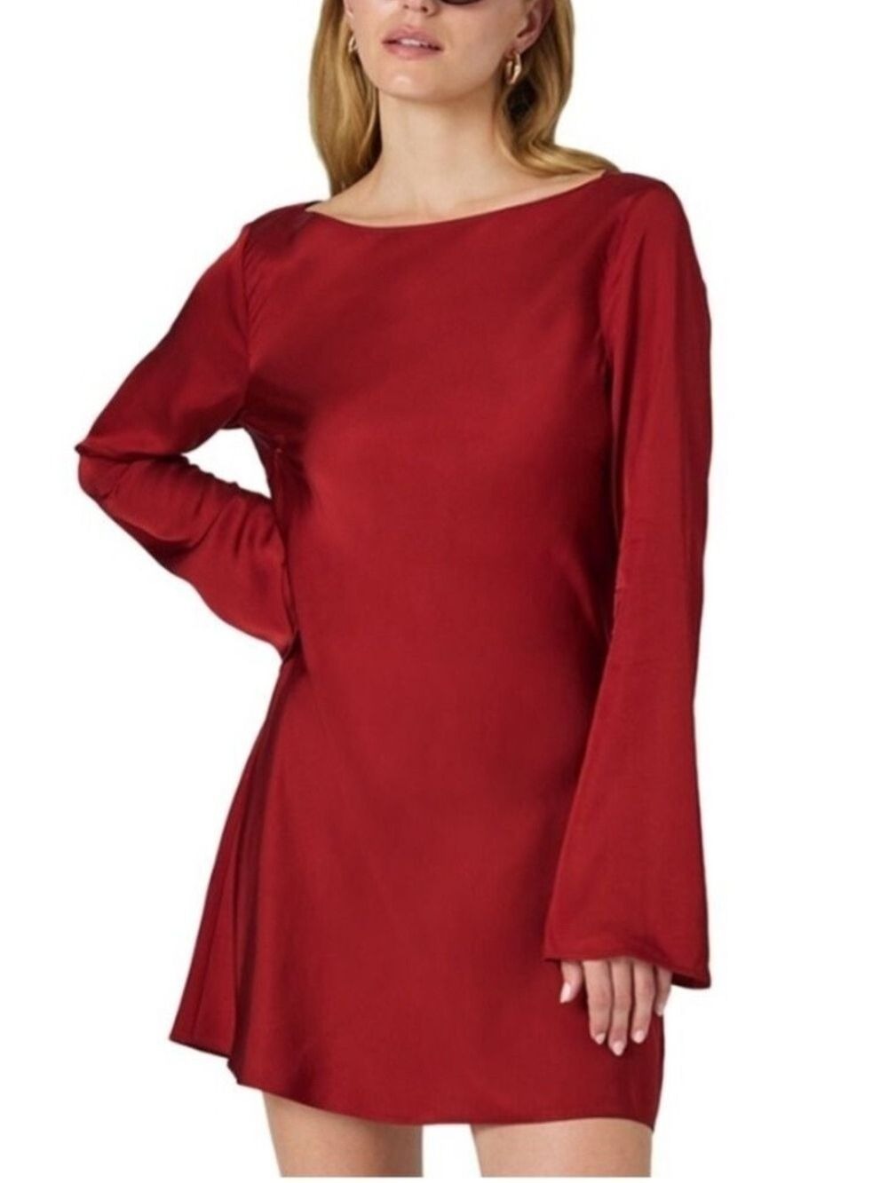 French Connection Ennis Satin Long Sleeve Mini Dress - Wine,  NWT $148